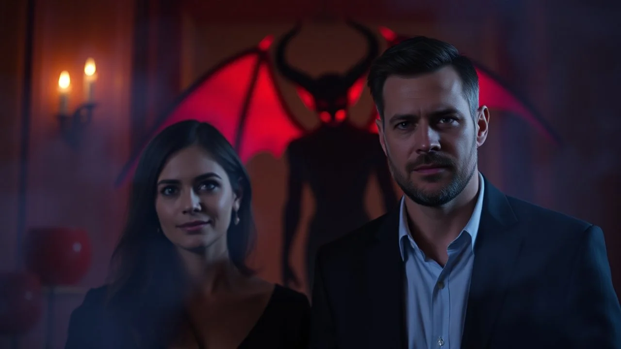 A man and a woman setting and a blurry ghostly vision of the devil standing behind