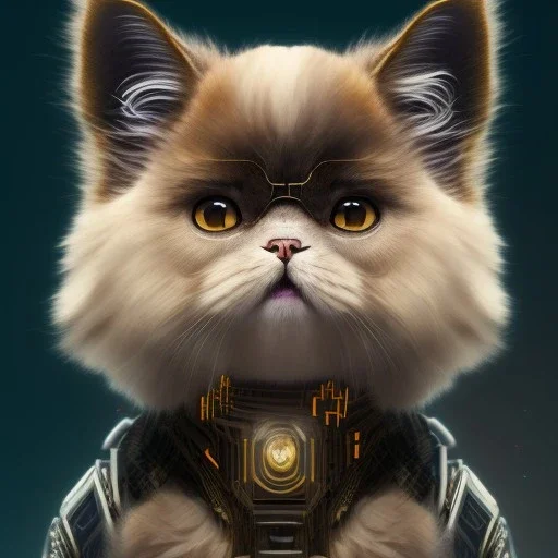 Cyberpunk Portrait of cyborg Persian cat child with brown hair and with cute face, north pole snowy vibe , perfect composition, hyperrealistic, super detailed, 8k, high quality, trending art, trending on artstation, sharp focus, studio photo, intricate details, highly detailed, by greg rutkowski