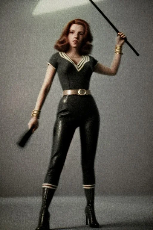 retro portrait image from 1960, explosion, long hair, young Scarlett Johansson, classic black tight lycra suit, metal stick weapon, gold bracelet and belt, high heel boots, soft color, highly detailed, unreal engine 5, ray tracing, RTX, lumen lighting, ultra detail, volumetric lighting, 3d, finely drawn, high definition, high resolution.