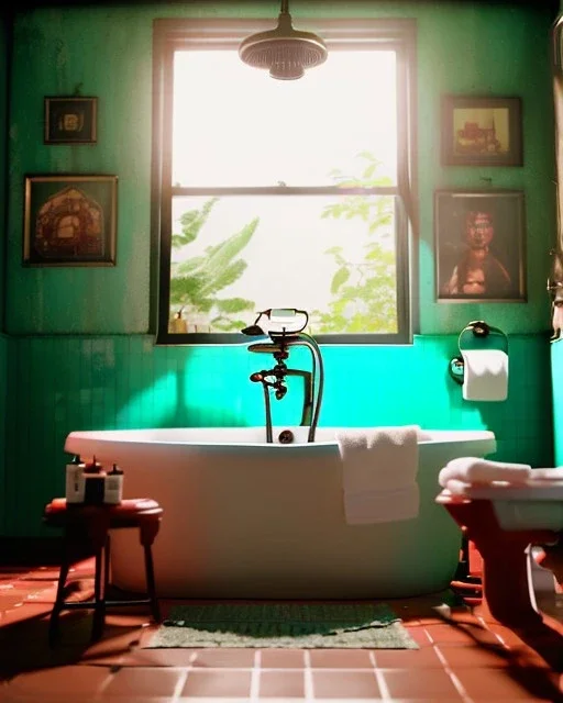 Bathroom scene with big hair monster, Wes Anderson style, realistic photo, realistic image, concept art, smooth, unreal engine 5, god lights, ray tracing, RTX, lumen lighting, ultra detail, volumetric lighting, 3d.