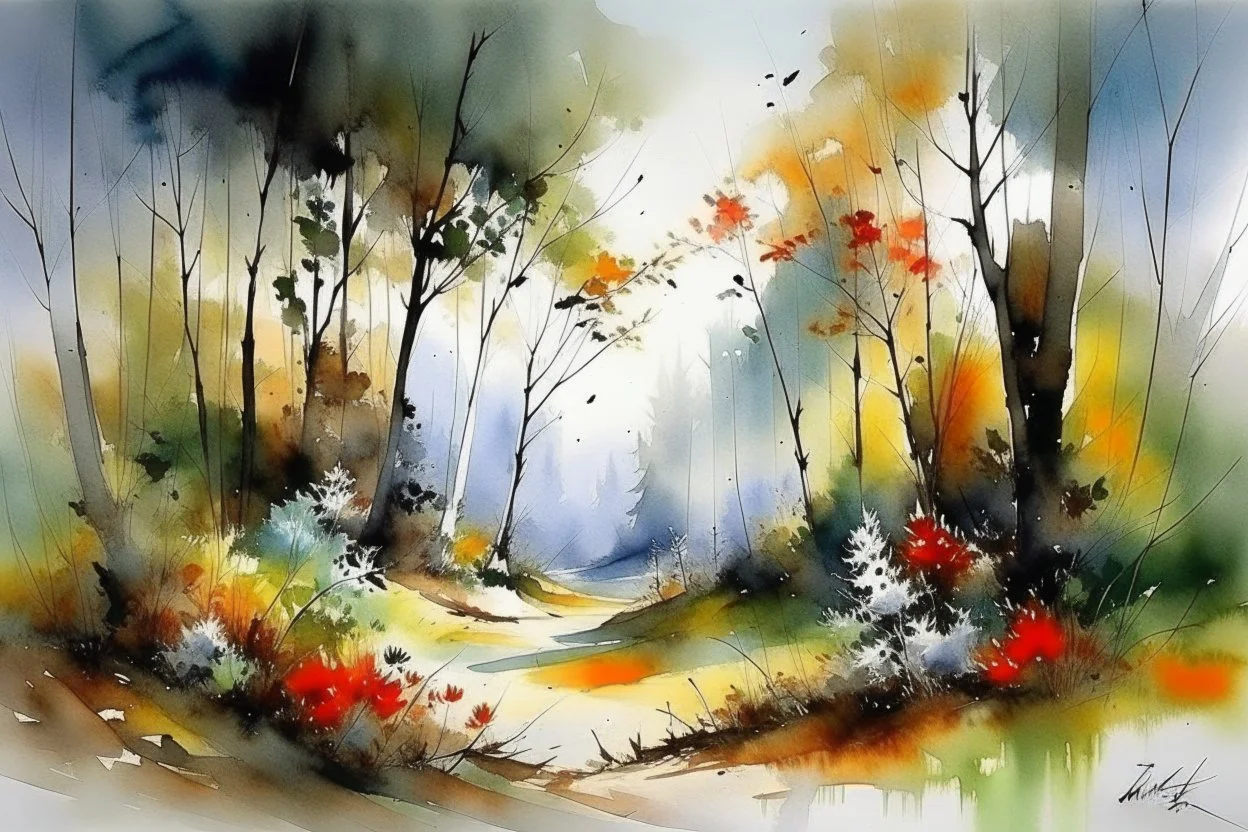Spring forest by Willem Haenraets, watercolor, on watercolor paper, wet on wet and splattering techniques, centered, perfect composition, abstraction, surrealism