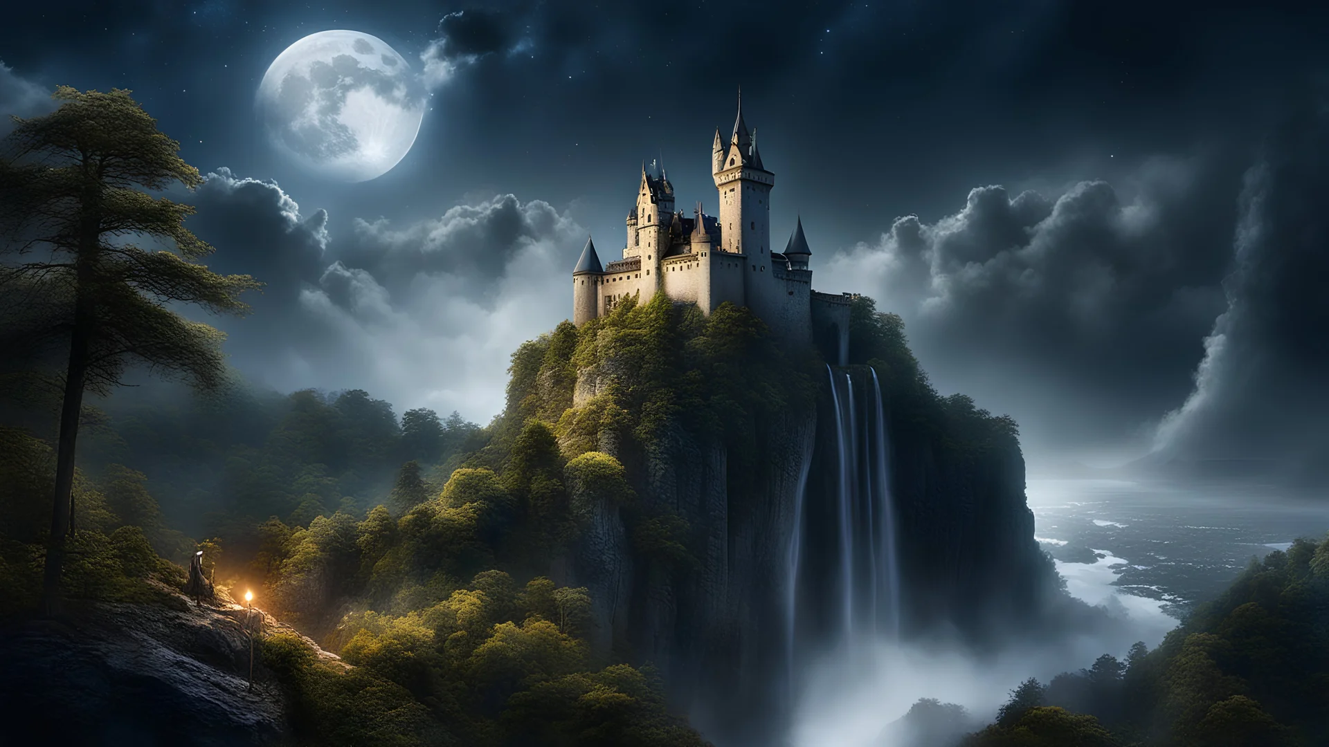 Digital art A castle standing on the edge of a cliff above the forest, fierce, howls to moon, powerful, rage, divine, magnificent, perfect body, fantastic view, storm, high waterfall, night, starry sky, masterpiece, best quality, smooth horizon, concept art, surrealism, 32k resolution, trending on artstation, sharp focus, studio photo, intricate details, highly detailed, by greg rutkowski