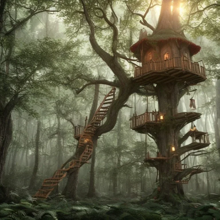 Elf tree house in the forest, 8k, realistic, intricate, highly detailed, cinematic