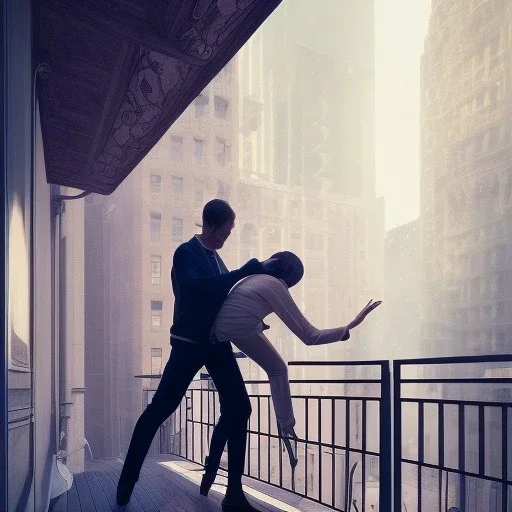 a man pushing a woman over a balcony, downtown new york, dramatic, dramatic lighting, volumetric lighting, hyperrealism, 8k, high quality, photorealistic, lot of details