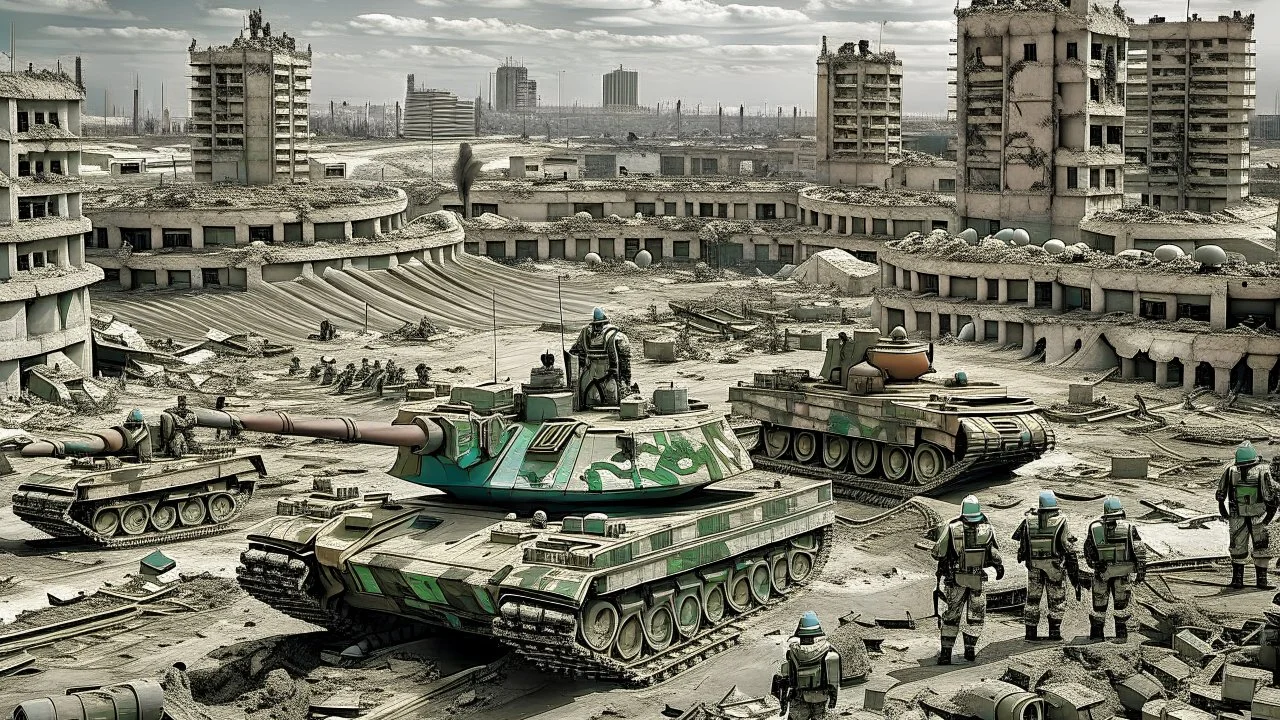 Israeli soldiers and tanks stand on a very large chessboard in the middle of a destroyed city