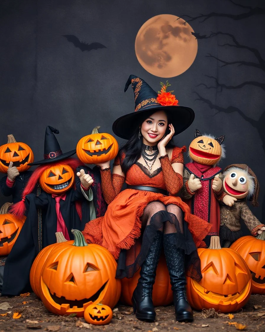 beautiful Asian woman in unique custom fashion witch style Happy Halloween,sitting biggest pumpkin Halloween ,sorrounded by puppets Halloween