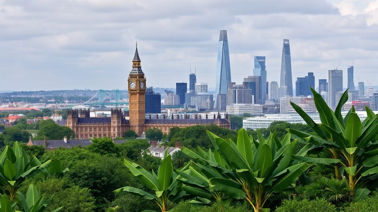 City of London, Big Ben, Tower Bridge, Shard, Gherkin, etc. overgrown with a jungle of banana trees, award winning photograph