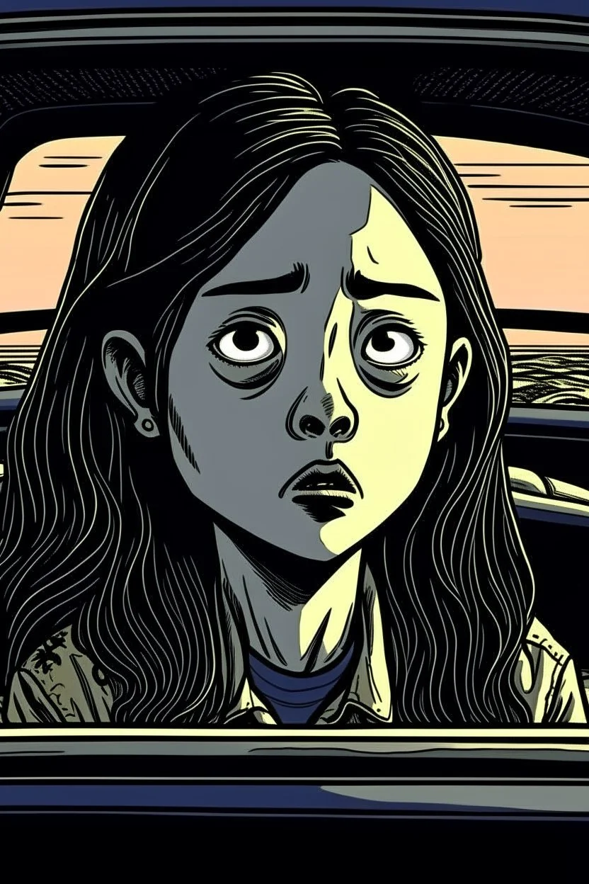 A Chinese person, girl, 18 years old, delicate features, pretty, serious expression, ((((( sitting in a car )))), background car, front view, close focus, horror scene, eerie, dim, 8K, graphic novel sketch, graphic novel style, 2D effect, flat colors, gloomy drawing style