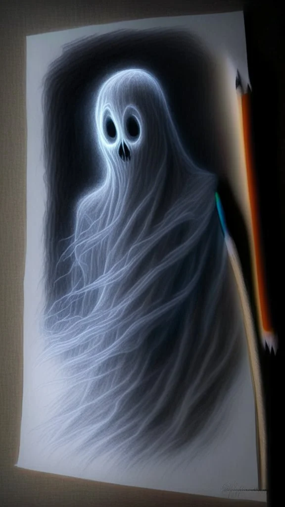 pencil drawing of a ghost. Spooky, scary, halloween, colored pencils, realistic, black paper