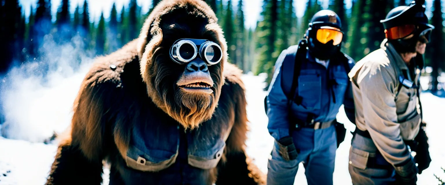 close up of a bigfoot in goggles in documentary photography, burned trees, Wildfire, Smoke, burning, forest fire, August 1985, Yeti, Dystopian, Japanese, Extreme depth of field, bokeh blur, Alberta, all-natural, in the style of candid, imperfection, natural lighting, Professional shot, shot on Agfa, Fuji Film, Anamorphic lens --ar 4:5 --w 150 --style raw