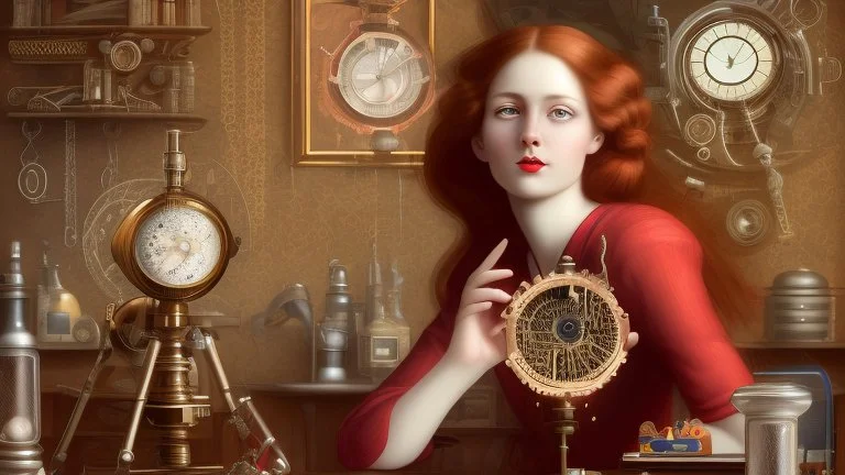 Victorian red long hair woman leaning over a desk, working on a tiny clockwork machine, while looking through a magnifying glass, in a dark laboratory, full of devices and machines