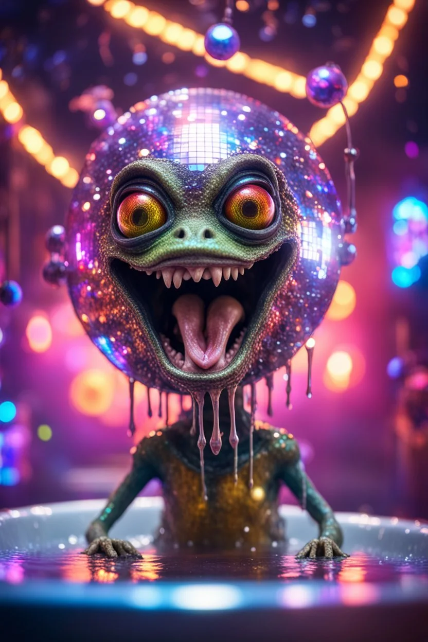 portrait of ultimate transcendent happy disco ball helmet wested pimp kobold alien frown with spotlights and huge dripping forked tounge sticking head out of a bathtub portal, in front of space portal dimensional glittering device, bokeh like f/0.8, tilt-shift lens 8k, high detail, smooth render, down-light, unreal engine, prize winning