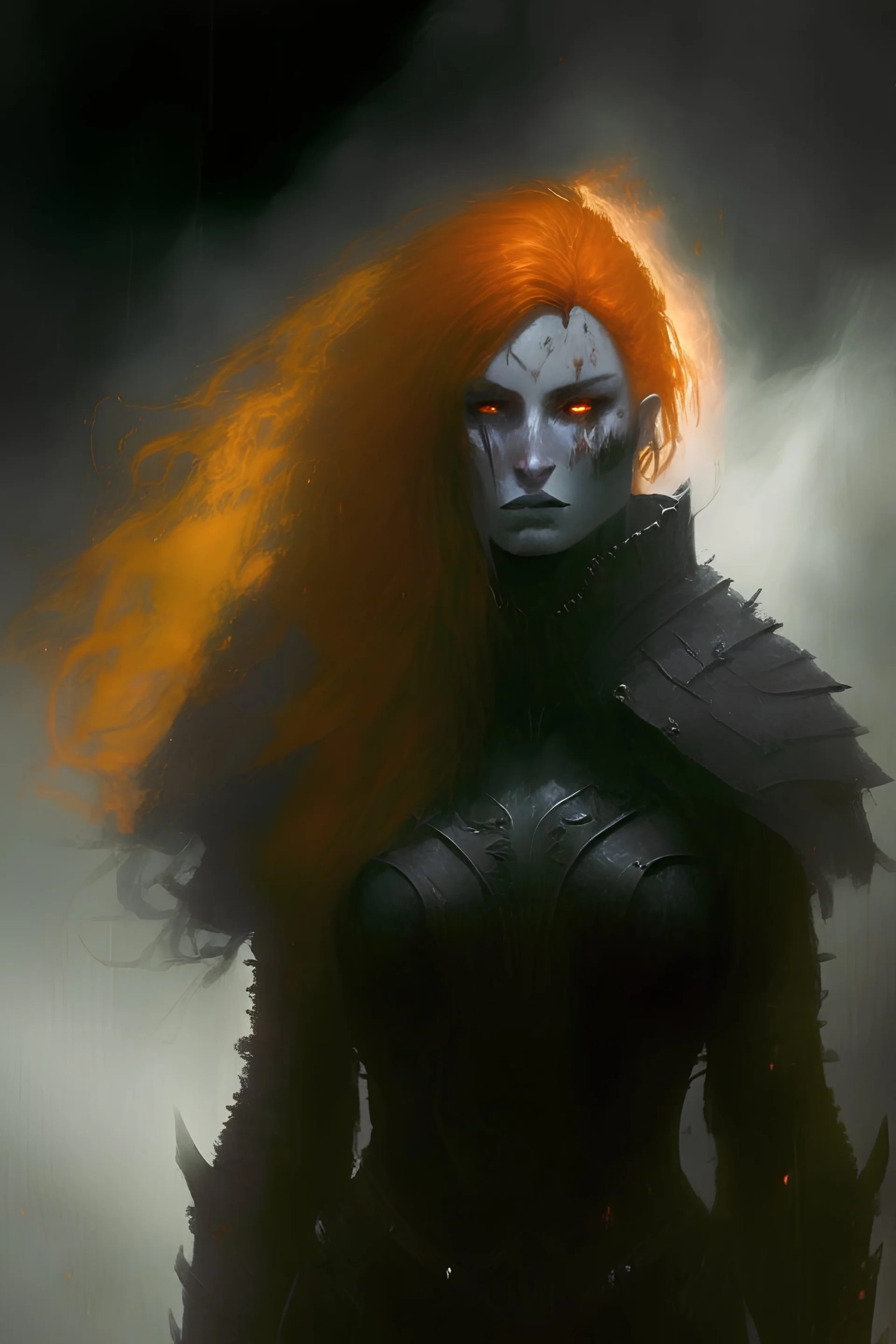 Dark Paladin, orange hair, orange eyes, standing in mists, Female, dark art