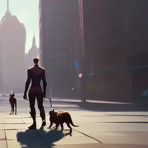 a man travels to city with a dog