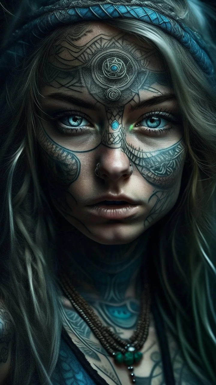 Super detailed digital art masterpiece, beautiful mystical amazon girl, preparing for a ritual, in tattoo natural face without makeup, gothic style clothing, detailed clothing , big realistic beautiful eyes, shiny eyes, ultra atmospheric details, beautiful facial proportions, super detailed skin textures, complex masterpiece, beautiful proportions, wild messy hair, beautiful tattoos cover the whole body and face of the girl, natural special effects, complex physics, ultra realistic body proporti