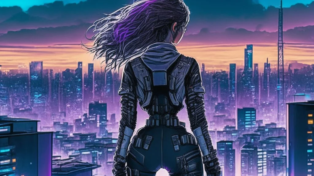 Clear Focus, High resolution, Beautiful girl standing backwards to a Cyberpunk skyline, comic style