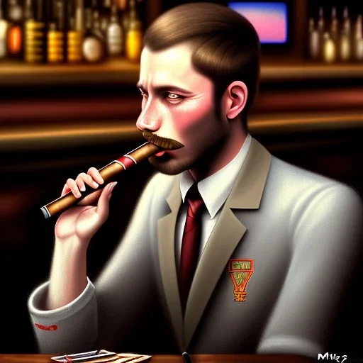 painting of a man with a cigar, sitting in a bar, highly detailed