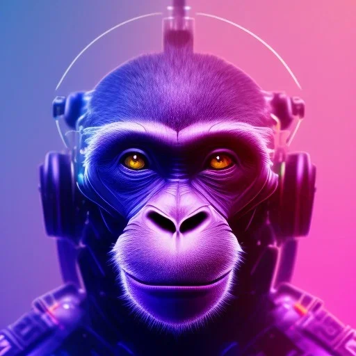 A beautiful portrait of a cyborg monkey purple neon color scheme, high key lighting, volumetric light high details psychedelic background