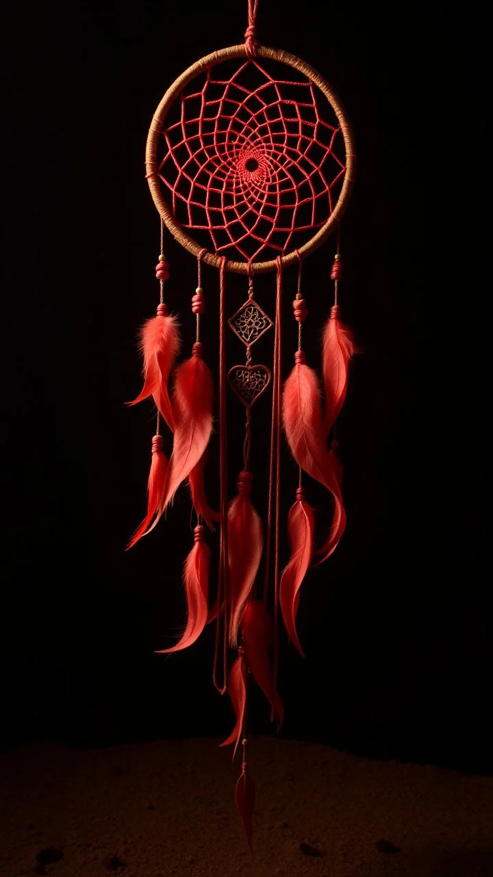 a dreamcatcher made of light, natural red/brown tones, brown dirt ground long bottom, dark background