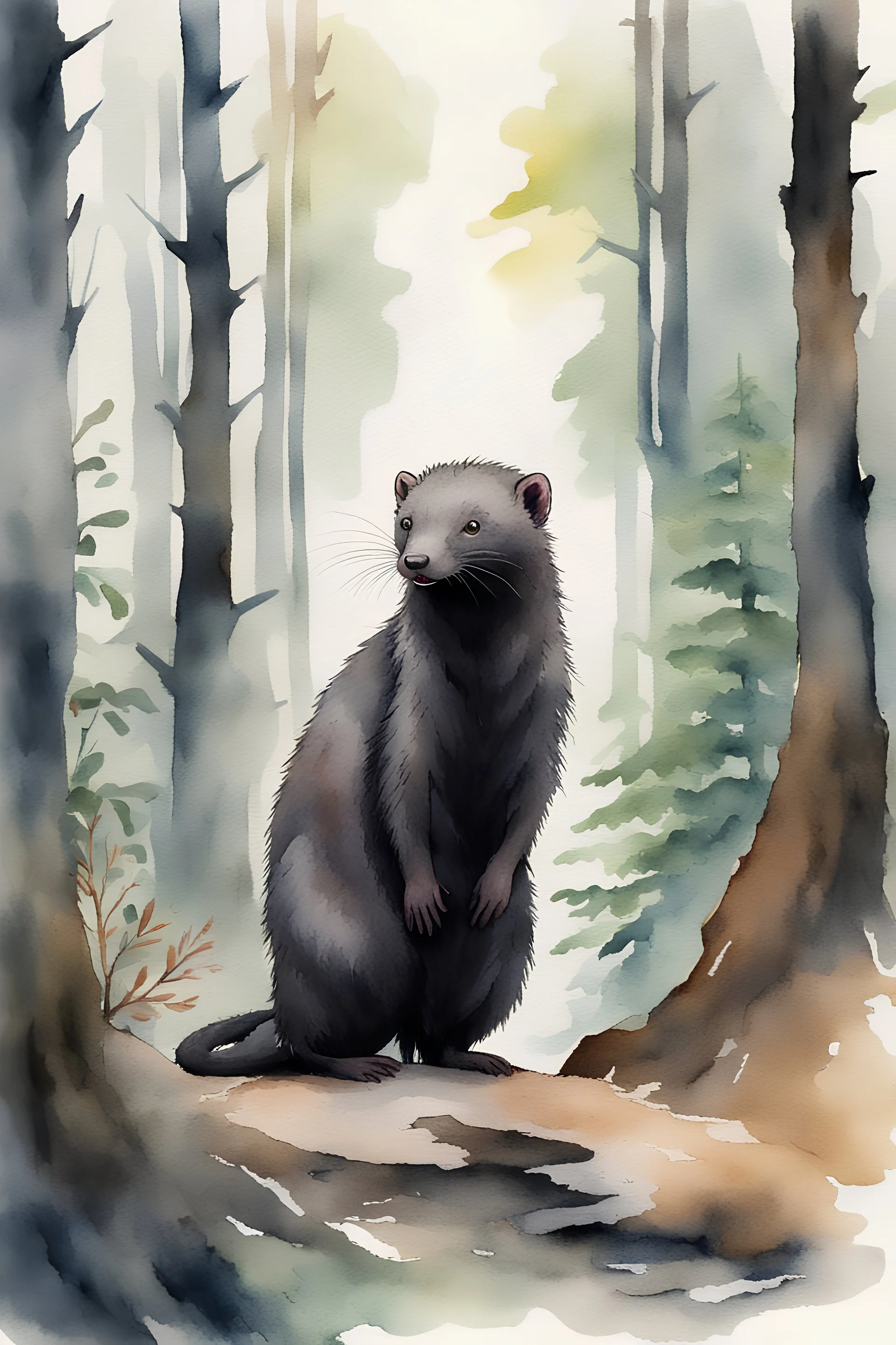 watercolor painting of a lean mink with black fur in a primeval forest. standing upright