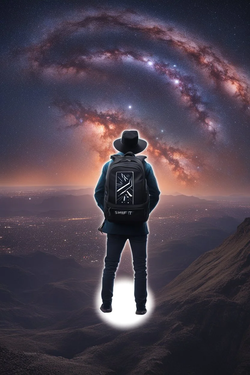 Supernova overlooking a city in the Milky Way galaxy with a person wearing a hat and a backpack with the Shift logo on it