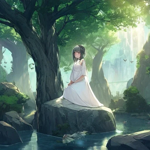 anime girl meditating, rock trees, birds, creek, meditation pose, girl wearing white dress, rear facing