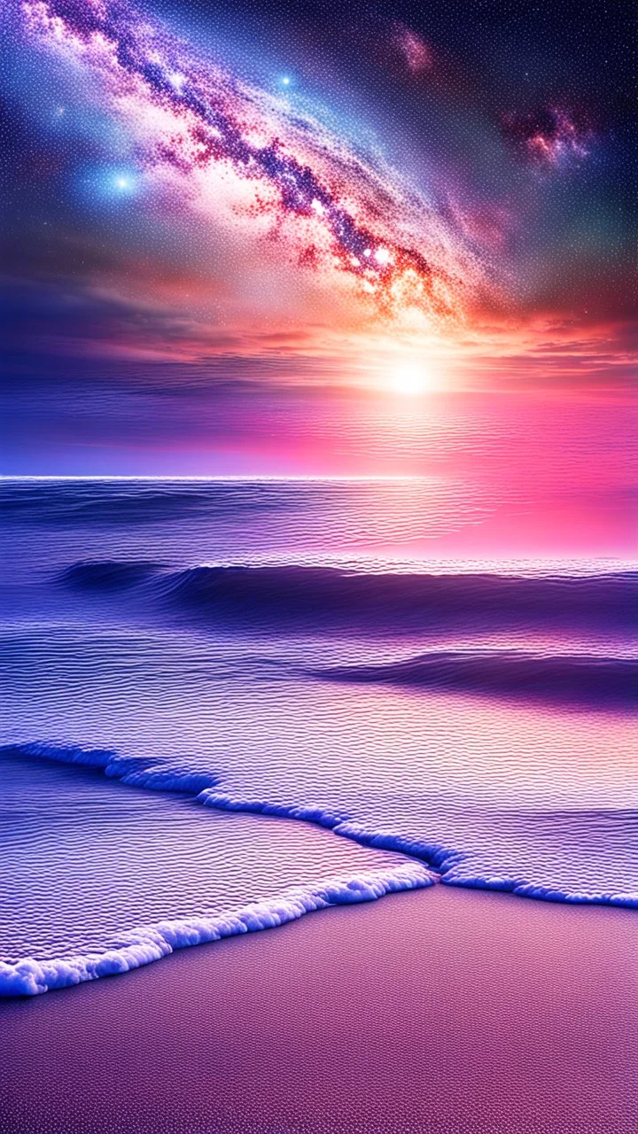 a sky filled with lots of stars and stunning nebula next to the ocean, dreamlike sky, galaxy, high resolution, sunset, high detailed, landscape photography