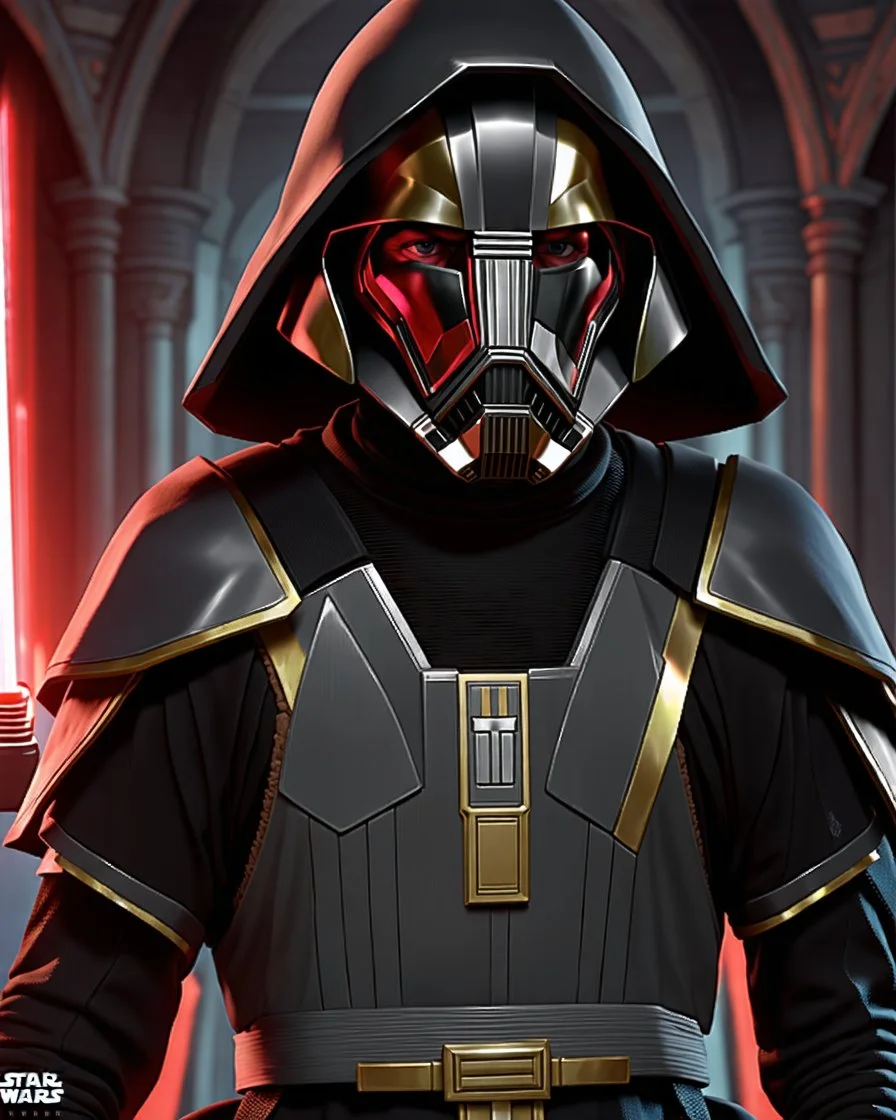 star wars bald male corellian jedi wearing gunmetal grey and black old republic armored flightsuit and breath mask with gold and metallic red trim inside the jedi temple, centered head and shoulders portrait, hyperdetailed, dynamic lighting, hyperdetailed background, 8k resolution, volumetric lighting, light skin, fully symmetric details