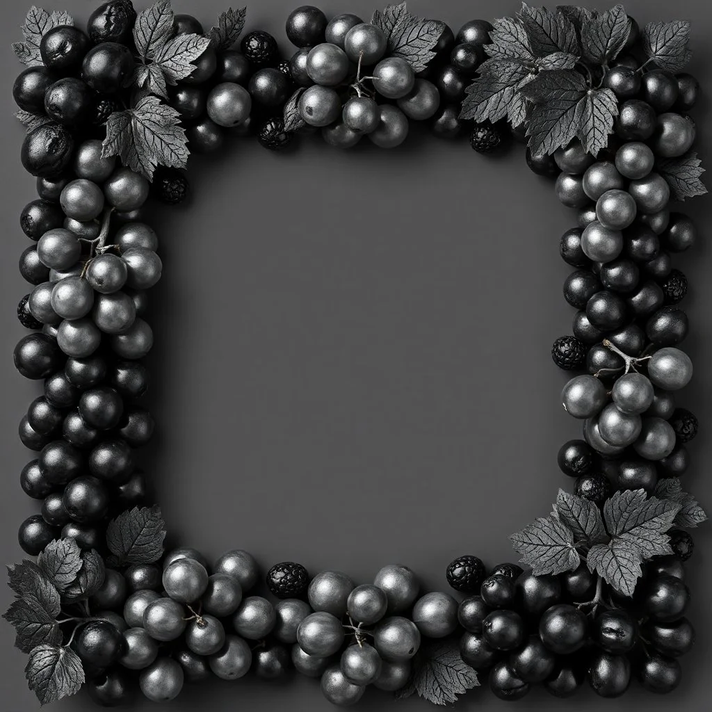 A square frame made with bunches of grapes and raisins in a black and white theme
