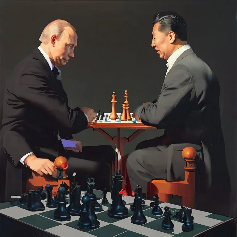 Putin, President Xi Of China And Joe Biden Play Chess With A Pigeon,Ufo And Atomic Bomb Mushroom Cloud,Complex Surgical Instruments Intermixed With A Newborn Boy,Minimalism,Painting By Adrian Ghenie,Rene Magritte,Pablo Picasso,Michelangelo,Salvador Dali,Lucian Freud