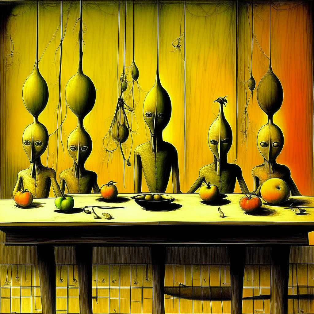 Yves Tanguy Apples. Pears. Grapes. Dishes. Oranges. Wood table.