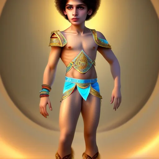 beautiful 12 year old arabic boy with curly hair and light blue eyes dressed in short transparent loincloth