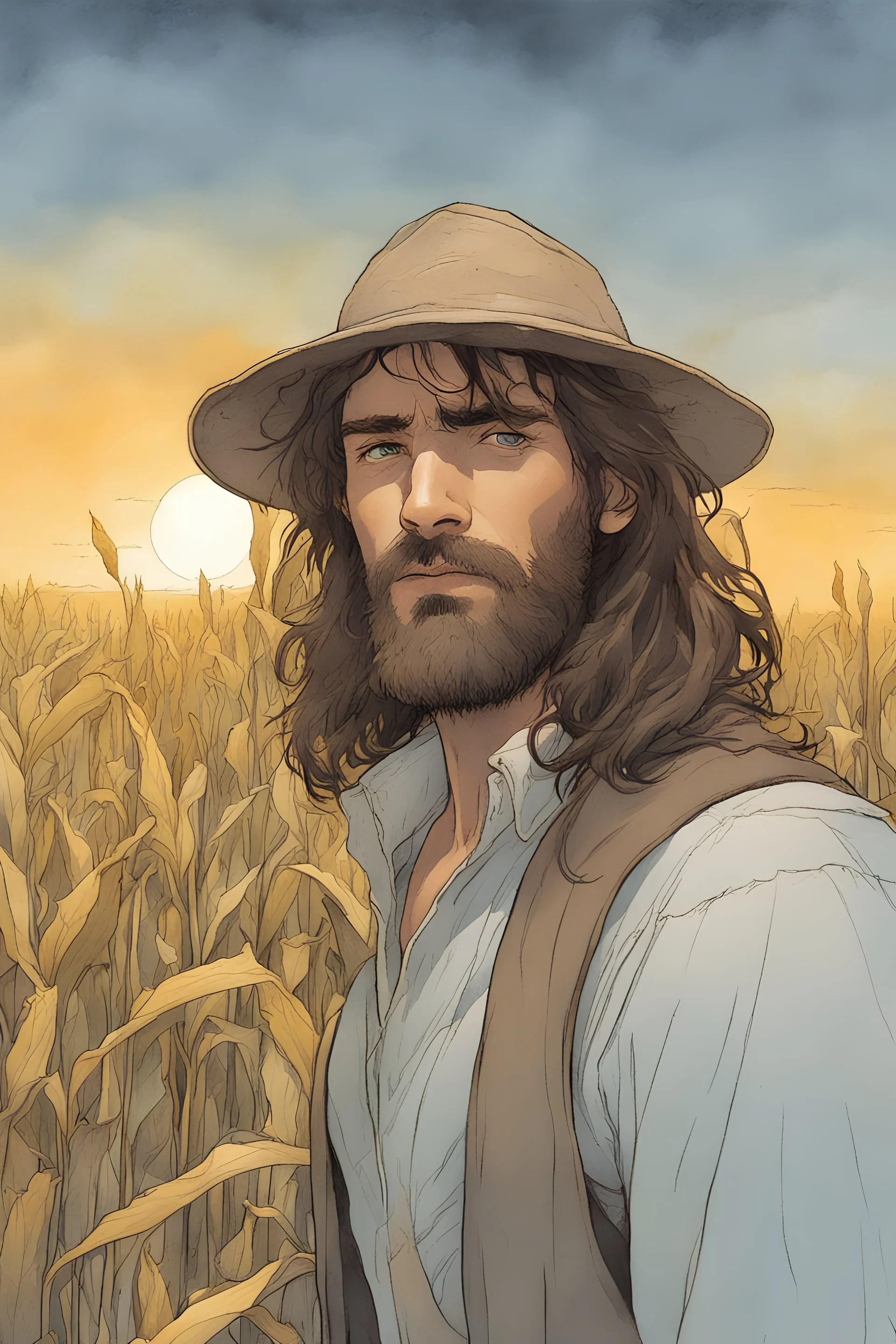 Youthful Wizard with brown hair and short brown beard in a cornfield. Corn cobs. A soft-focus image of the golden sunrise casting a warm glow, create in inkwash and watercolor, in the comic book art style of Mike Mignola, Bill Sienkiewicz and Jean Giraud Moebius, highly detailed, gritty textures,