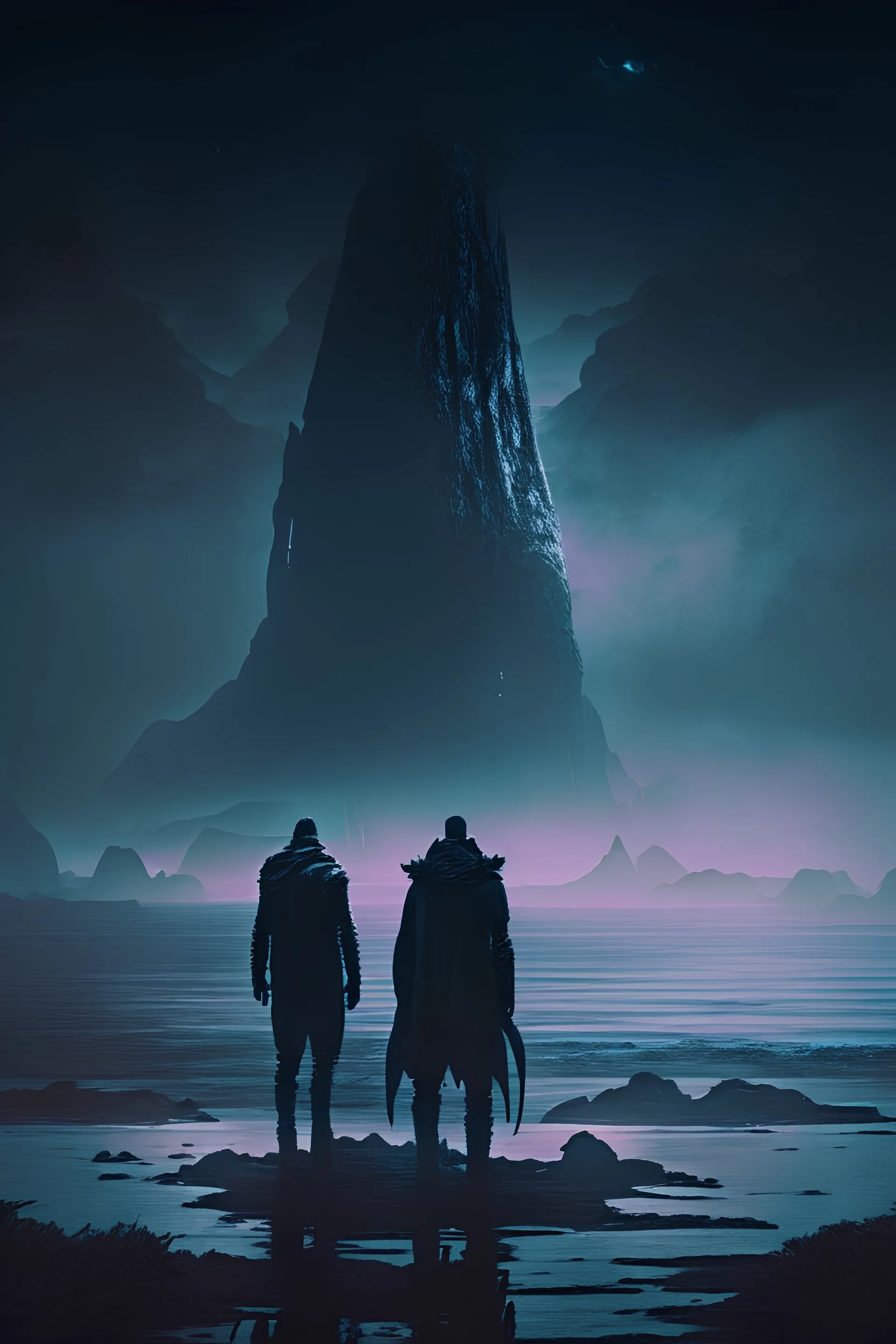 two men stand infront of a distant island, darkness, curse, mysterious, ominous, sci-fi, 4k