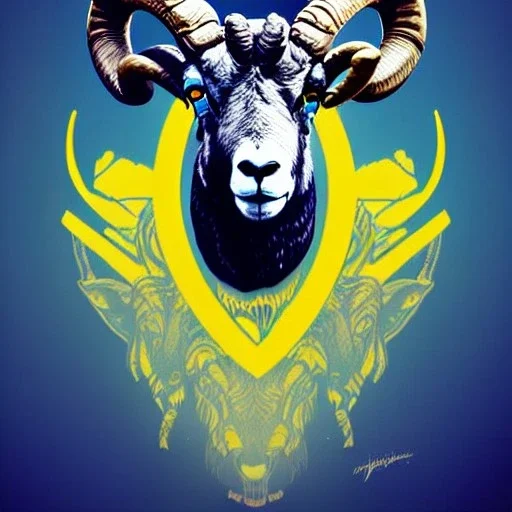 A bighorn sheep ram warrior full blue and yellow body armor with fierce and wild look, highly detailed, digital art, sharp focus, trending on art station, standing on all fours with one hoof on an american football, field of grass, background mountain peaks sunset sky of blue and yellow, design by charlie bowater, ross tran, artgerm, and makoto shinkai, detailed, colors #003594 #FFA300 #FF8200 #FFD100 throughout