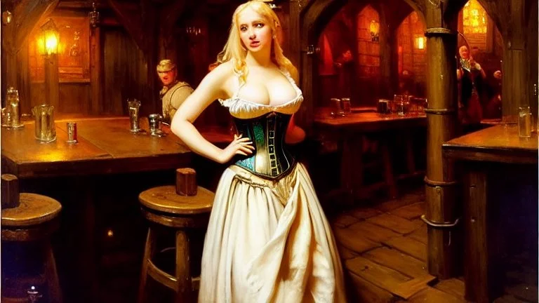 fullbody portrait 'beautiful face busty blonde medieval wench on tavern in medieval city'wearing tight corset,painting by gaston bussiere, greg rutkowski, yoji shinkawa, yoshitaka amano, tsutomu nihei, donato giancola, tim hildebrandt, oil on canvas, cinematic composition,sharp image, extreme detail,((fit full head inside picture)),32k