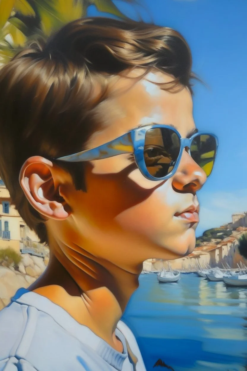 Neoclassicism boy with sun glasses portret cote d'azur painting from the side