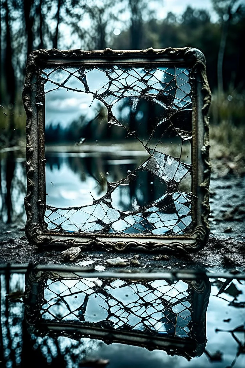 A broken piece of glass old vintage mirror, reflecting its surroundings on the water's surface. The damaged glass creates an interesting visual effect and captures the attention of the viewer, dramatic , weird, thriller, high detalied, realistic