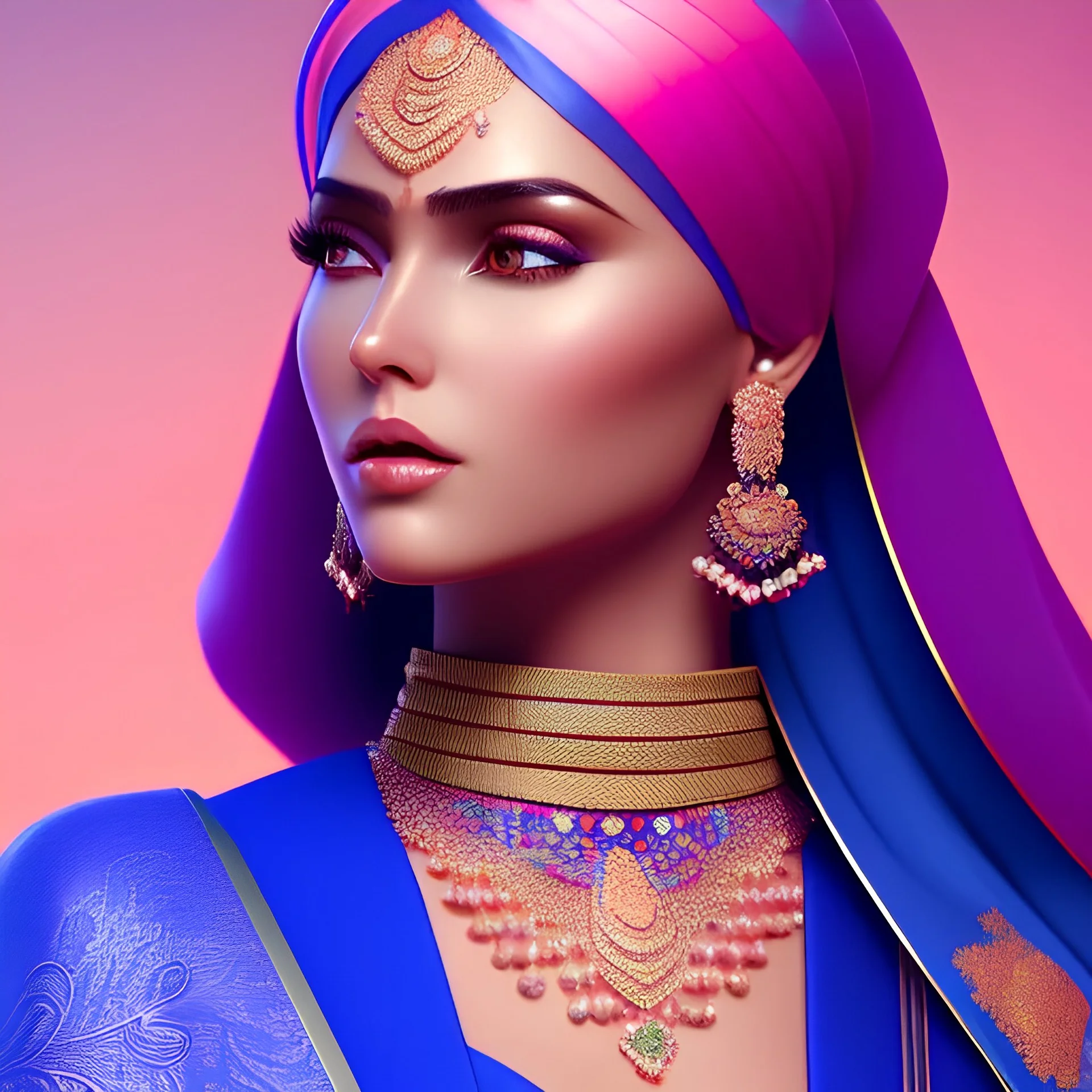 woman middle east, detailed gorgeous pink, blue woman middle east, finely tuned detail, ultra high definition, 8 k, unreal engine 5, ultra sharp focus, illustration