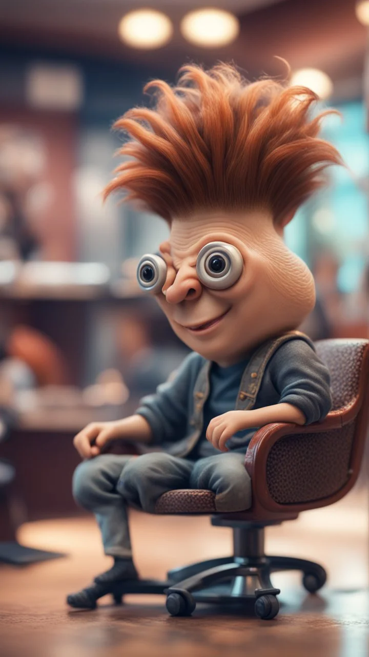 portrait of cartoon snail man with rocker hair chilling at the barber shop,bokeh like f/0.8, tilt-shift lens 8k, high detail, smooth render, down-light, unreal engine, prize winning