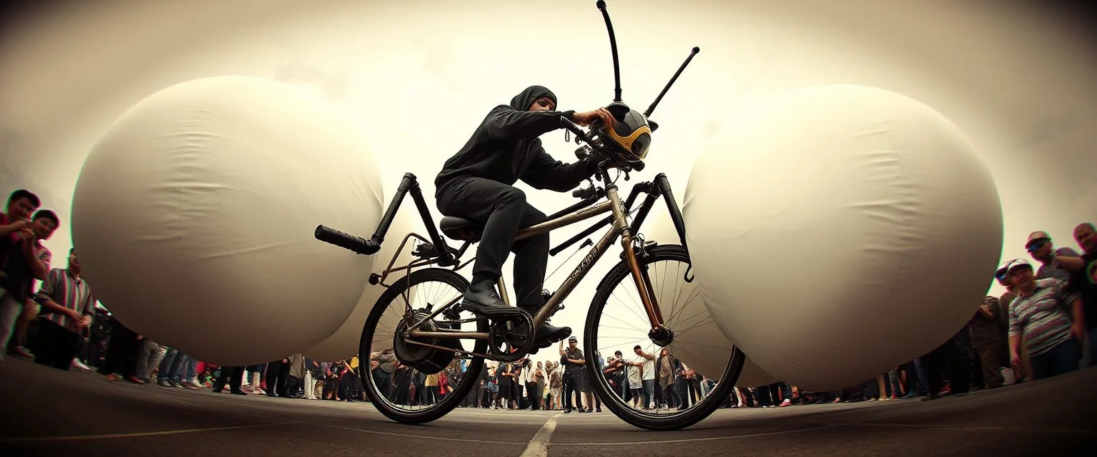 pinhole cam, airbrush 3d rendering, big tics and a cyberpunk robot The ninja priest Mantis ballooner, huge mech 🦗🥊 A bizarre upright flying hydraulic bicycle-creature, front wheel replaced by articulated mantis-like arms carrying enormous inflatable pillows, looking far too serious about complying with official pillow-fighting regulations.