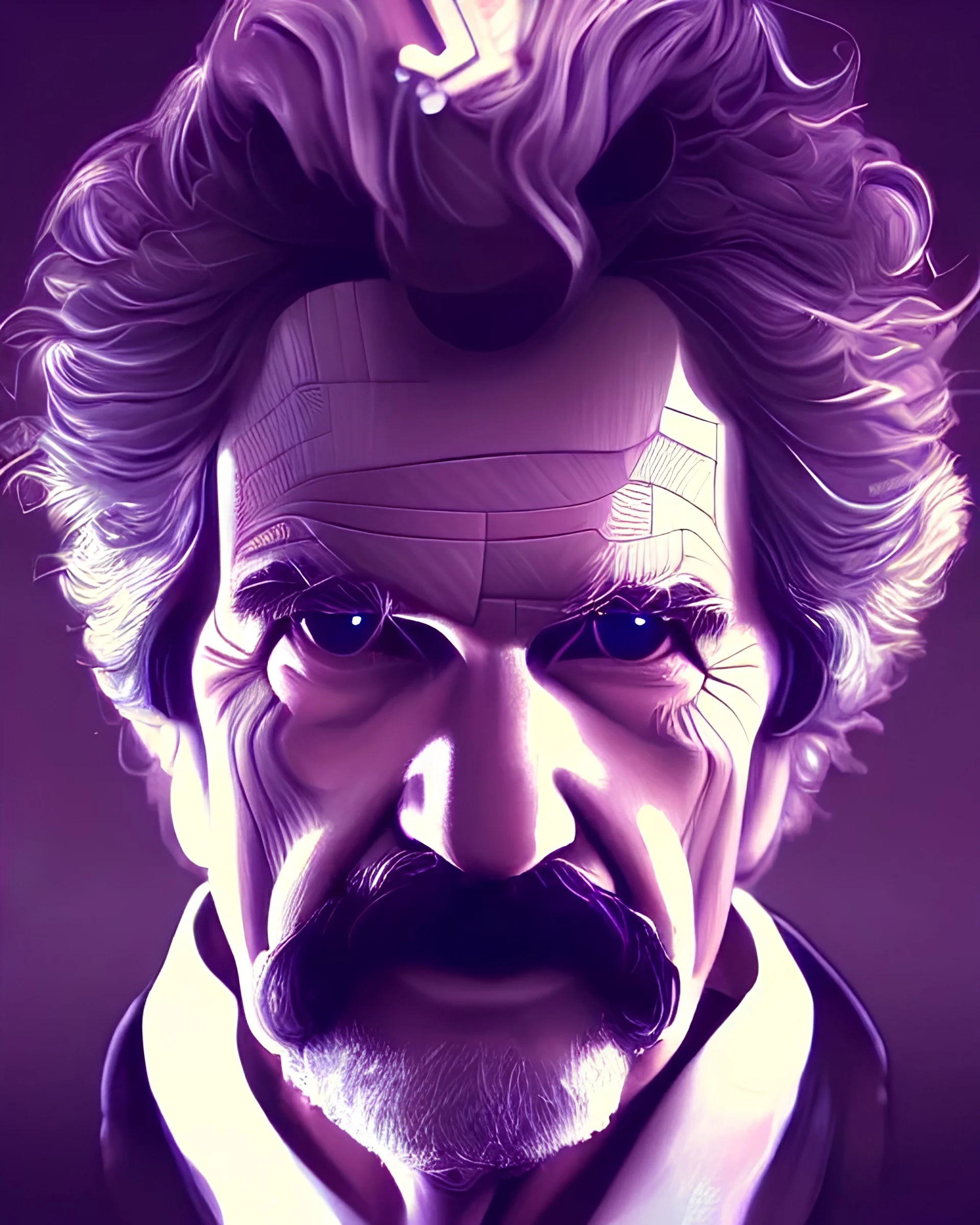 symmetry!! portrait of mark twain, sci-fi, cyberpunk, blade runner, glowing lights, tech, biotech, techwear!! intricate, elegant, highly detailed, digital painting, artstation, concept art, smooth, sharp focus, blur, short focal length, illustration, art by artgerm