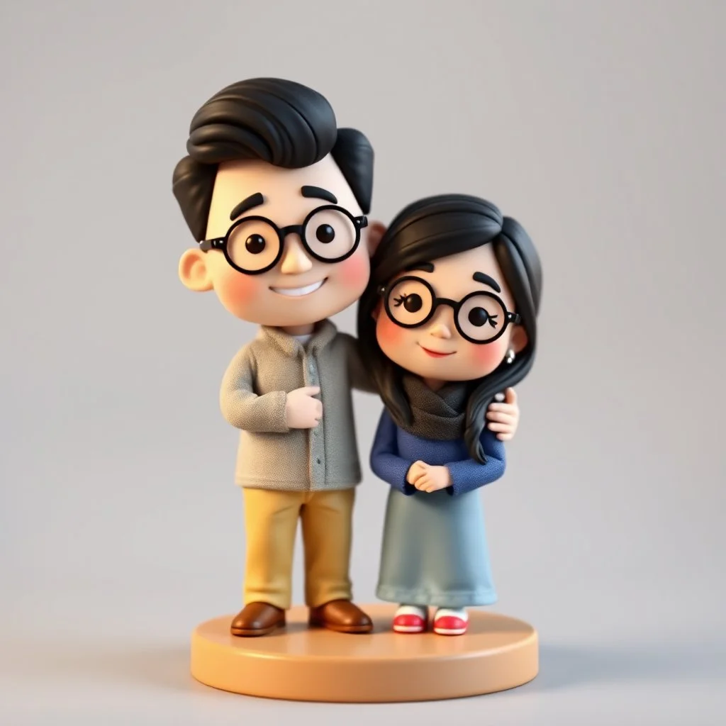 Create a cute premium 3D animated collectible figurine scene of the uploaded couple, using their photo only as the identity reference. Turn them into an adorable husband and wife standing close together on a small round display base. Preserve their young age, facial features, hairstyle, glasses if present, skin tone, and warm loving expressions, but render them in a soft Pixar-style/clay-toy figurine look. The man stands on the left with a gentle smile, one arm lovingly around the woman's