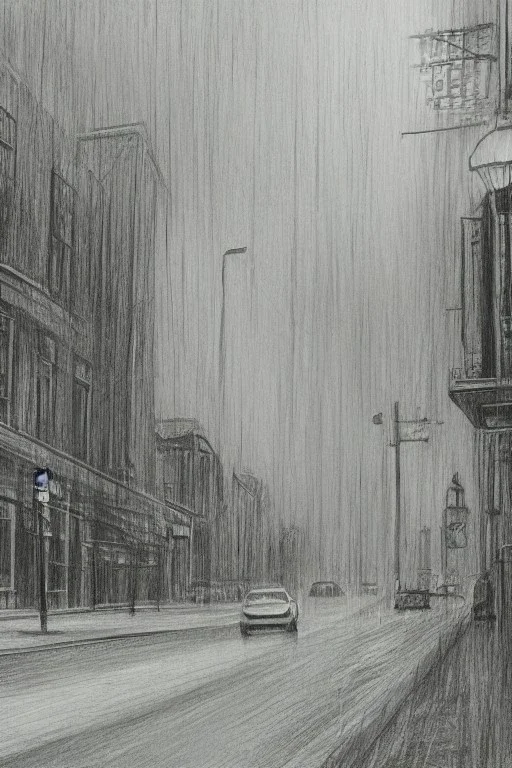 Pencil sketch of A car stops on an empty street, a traffic light, It's raining hard, night , houses on the side ، on lined paper