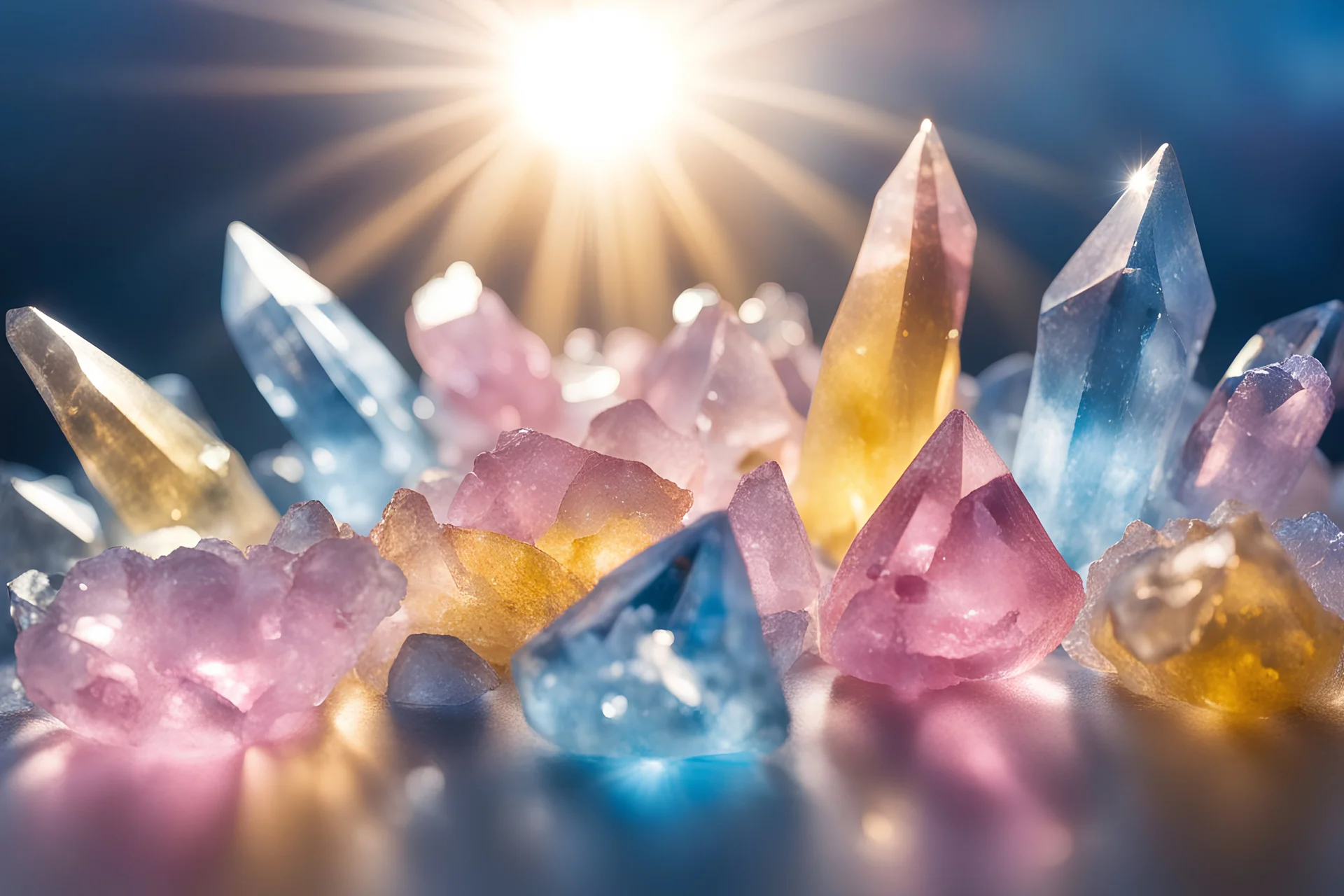 cristalli di luce azzurri e rosa e gialli con raggi di sole luminosi