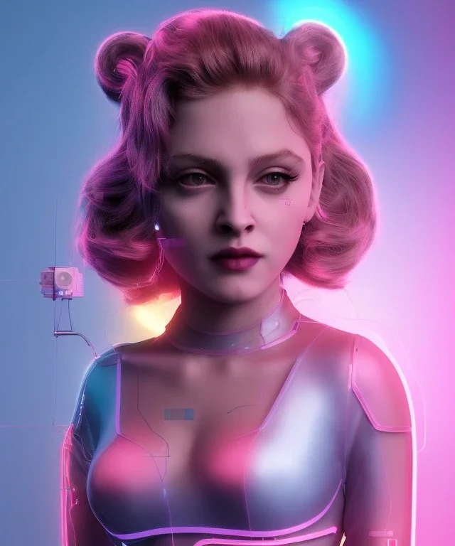 Artist, young madonna, android woman, sweet, blonde, white skin, long eyeliner, pink cheeks, purpurin make up, glossy lips, color leds lights, cables, short hair, circuits, cyberpunk, latex coat, cyber punk, neon, portrait, studio photo, unreal engine 5, soft color, 16 bit, god lights, ray tracing, RTX, lumen lighting, ultra deatail, volumetric lighting, 3d, finely drawn, hd.