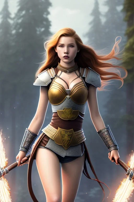 concept illustration, super-detailed, strikingly beautiful teen female, 16 years old, waifu, long ginger hair, medium freckles, full lips, full body, full face, b-cup breasts, athletic, centred camera, ignore NSFW, skimpy brown fantasy leather armor, halter top, micro thong, knee-high leather boots, open leather tasset, stern expression,