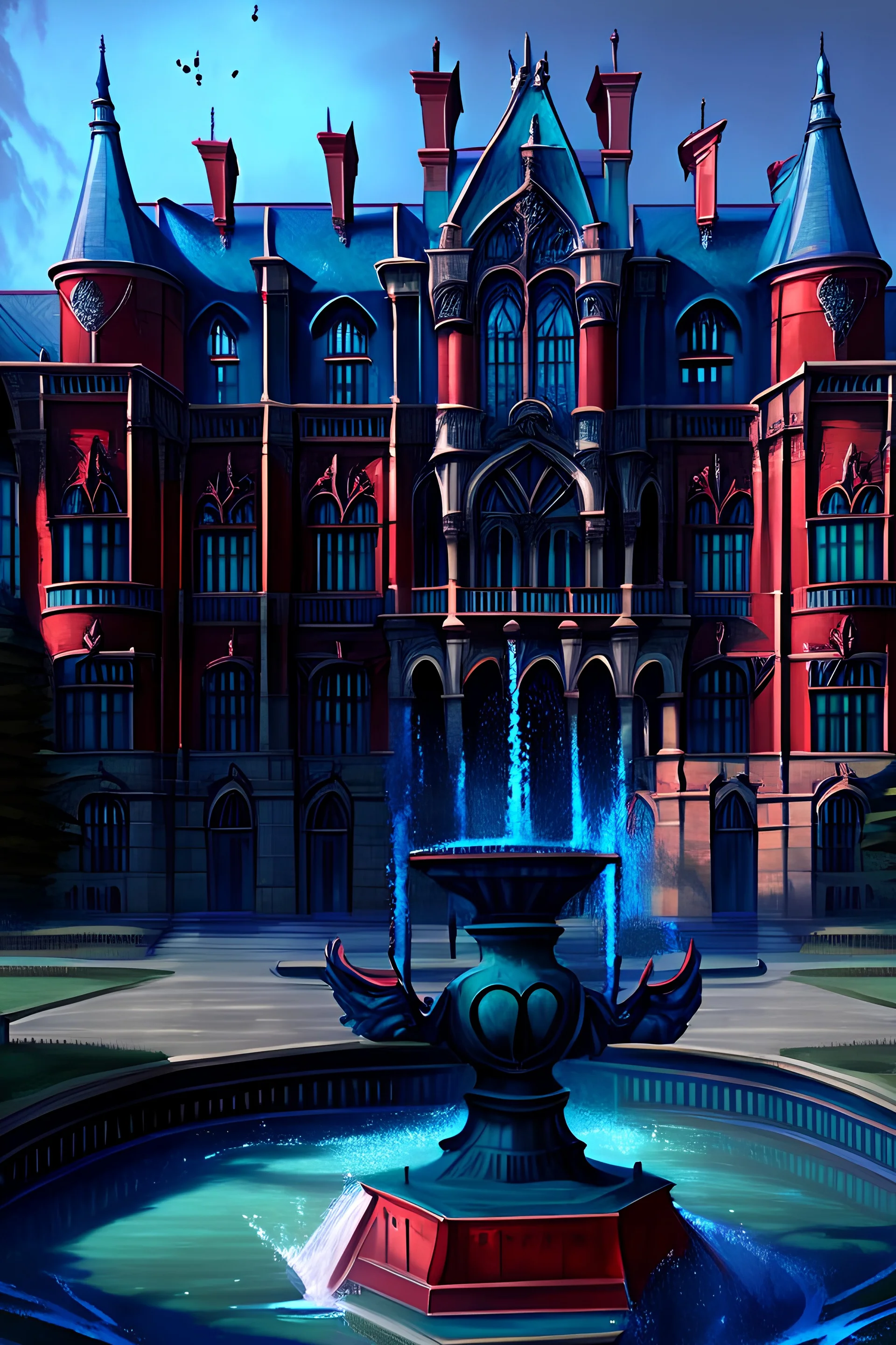 L'école red mariposa high school , une école Luxueuse et prestigieuses, du style old money,de couleur bleue foncé émeraude avec des fontaines,très privé , réaliste ,