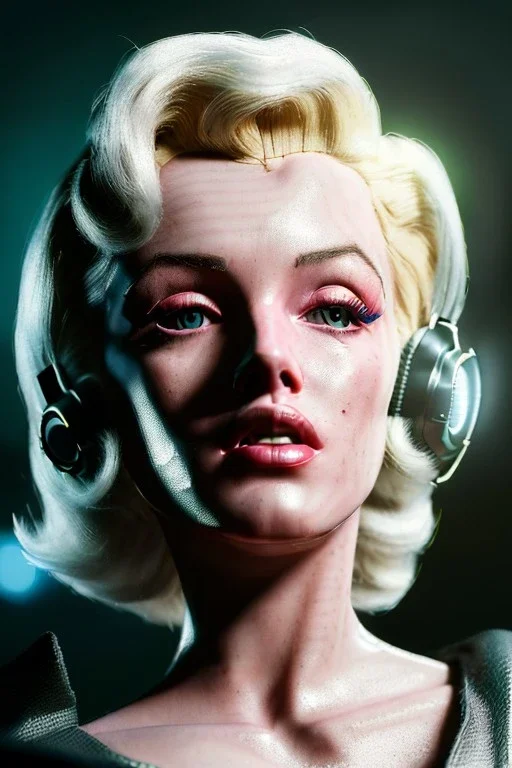 Ultra Realistic image, portrait, blonde woman, sweet Marylin Monroe face, perfect iris, glow eyes, makeup. Retro sci-fi style, helmet, latex coat, fog, rain, soft color, highly detailed, unreal engine 5, ray tracing, RTX, lumen lighting, ultra detail, volumetric lighting, 3d, finely drawn, high definition, high resolution.