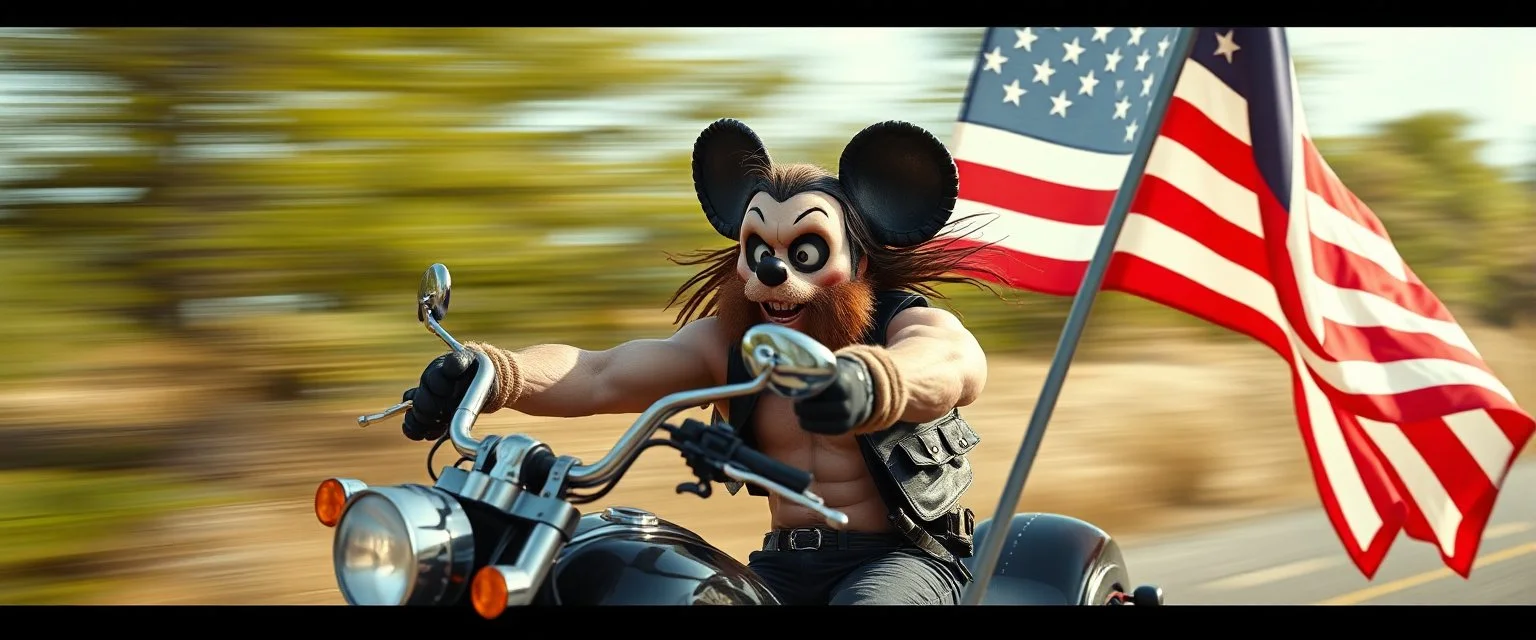 hi speed bad ass cyber punk masculine realistic mickey mouse rambo humanoid with hairy arms and chest, on trike , motion blurred background, holding american flag